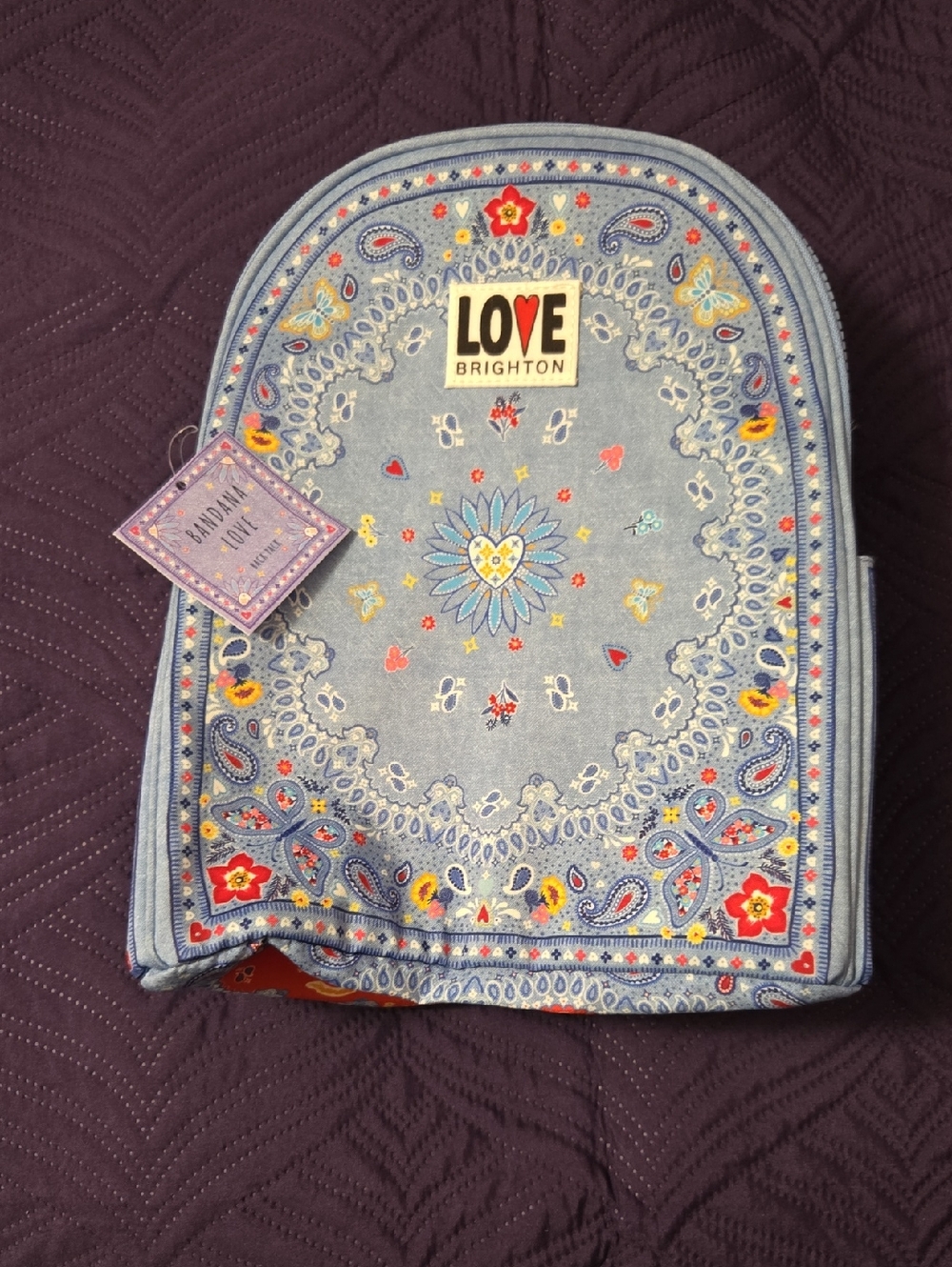 Brighton Denim-Blue Embroidered 'LOVE' Backpack with Multicolor Accents